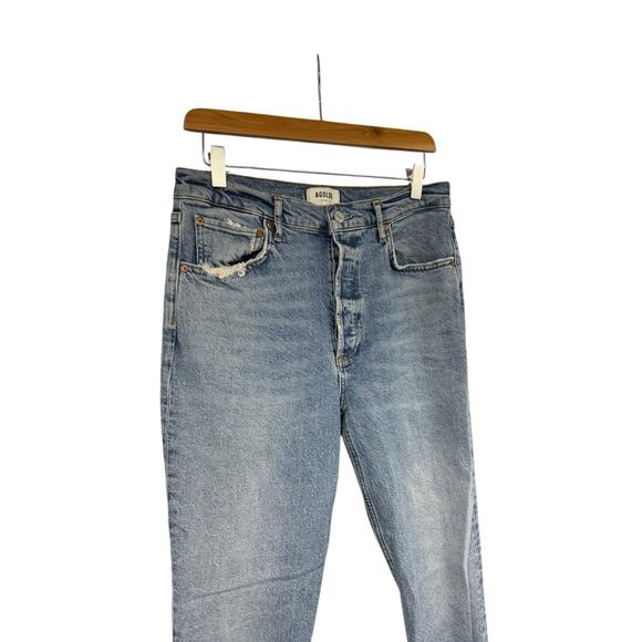 AGOLDE Riley Long High Rise Straight Jeans Medium Wash 29 Button Fly Distress - Picture 5 of 9
